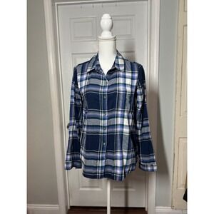 Women's Plaid Button Down Flannel Shirt Blue Green Soft Relaxed Fit M